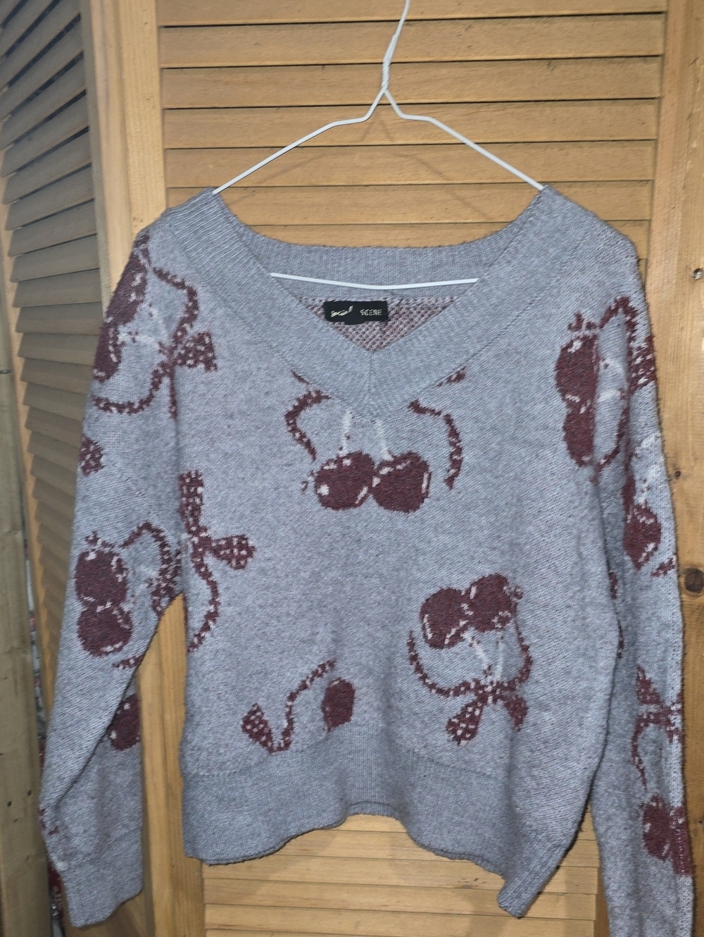 Gray Knit V-Neck Sweater featuring a maroon repeating cherry & Bow Design Size M